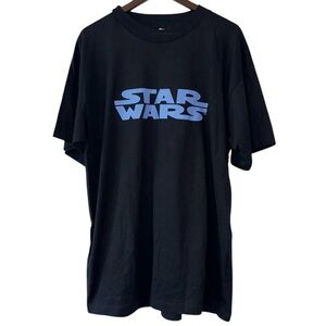 Vintage Star Wars Blue Logo Black Short Sleeve Cotton Shirt Preloved 90s Sz XL